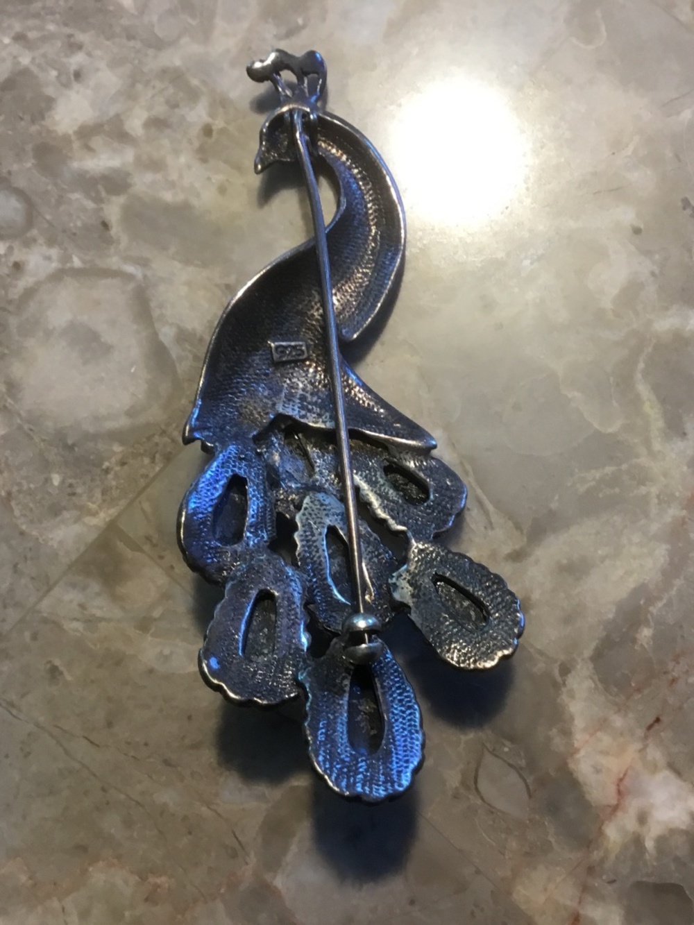 Sterling 925 ONYX Peacock Brooch (latch hook missing) - Picture 5 of 11